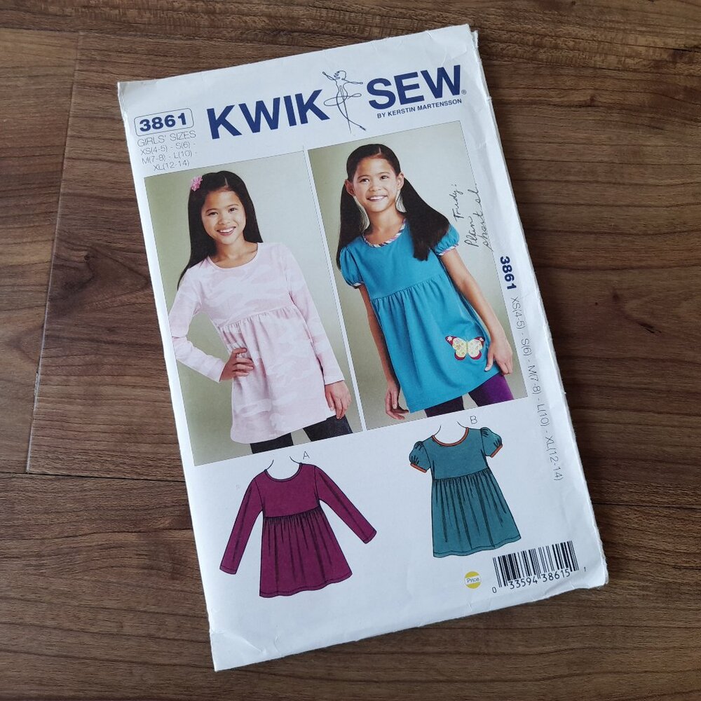 Girls Empire Waist Pullover Tops Sewing Pattern Sizes 4-14 Kwik Sew 3861 UNCUT